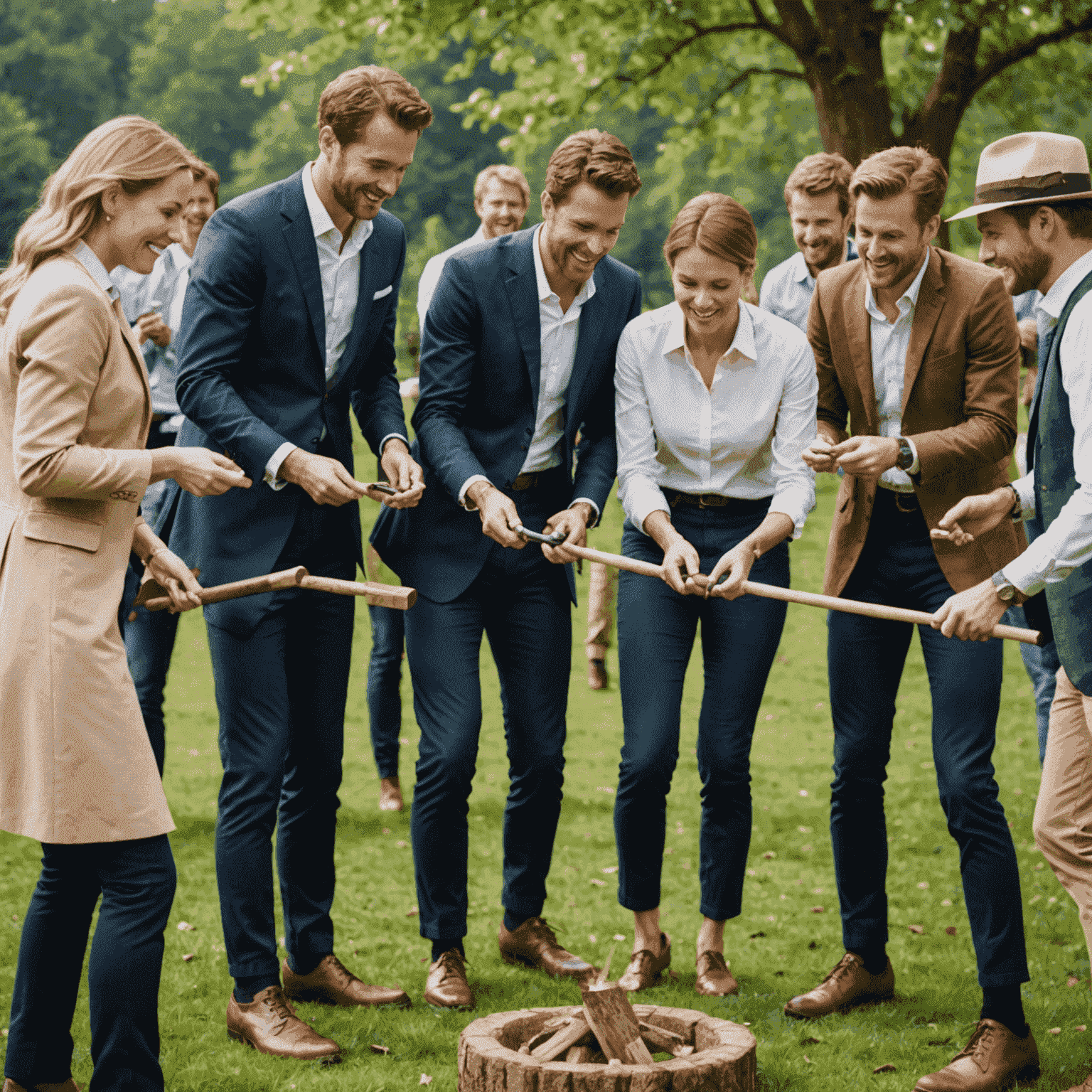 Zdjęcie z imprezy firmowej - elegancko ubrani pracownicy biorą udział w team buildingowych aktywnościach na świeżym powietrzu